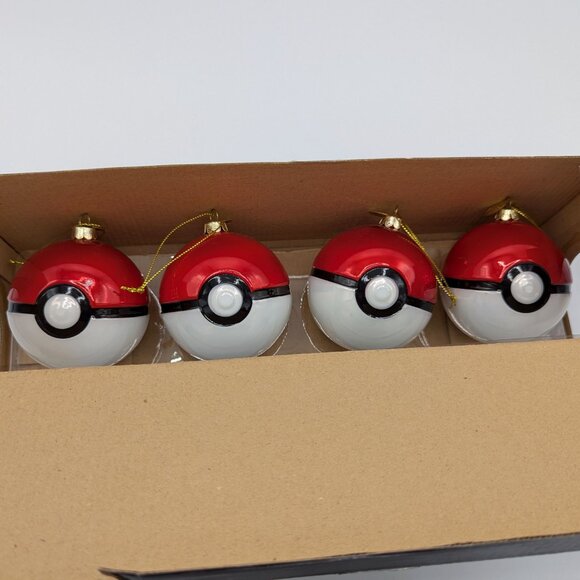 Four 4 Pokemon Poke Ball Christmas Glass Ornament Set Think Geek 2017 - Picture 4 of 5